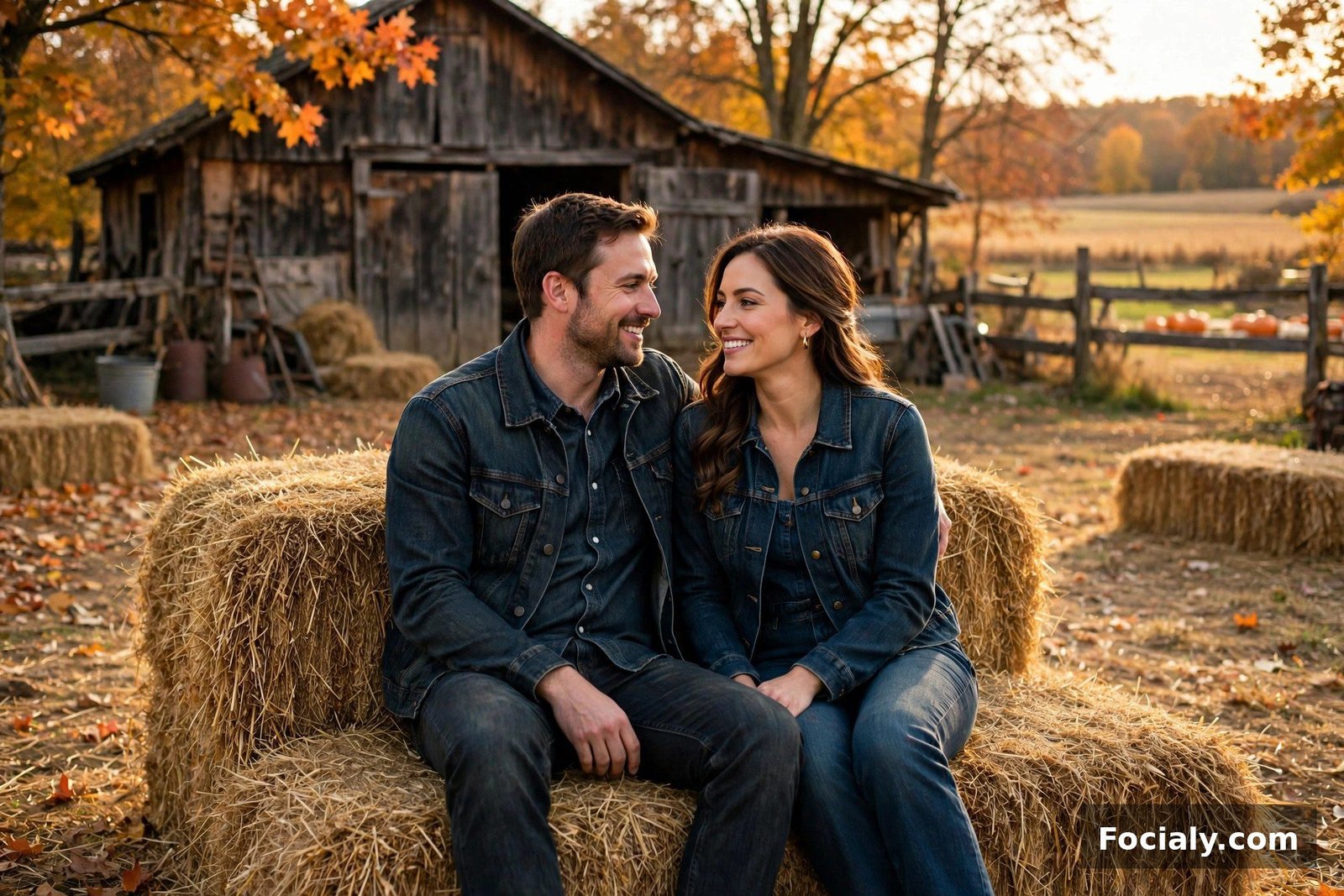 Couple wearing dark denim outfits sitting on a hay bale at a farm