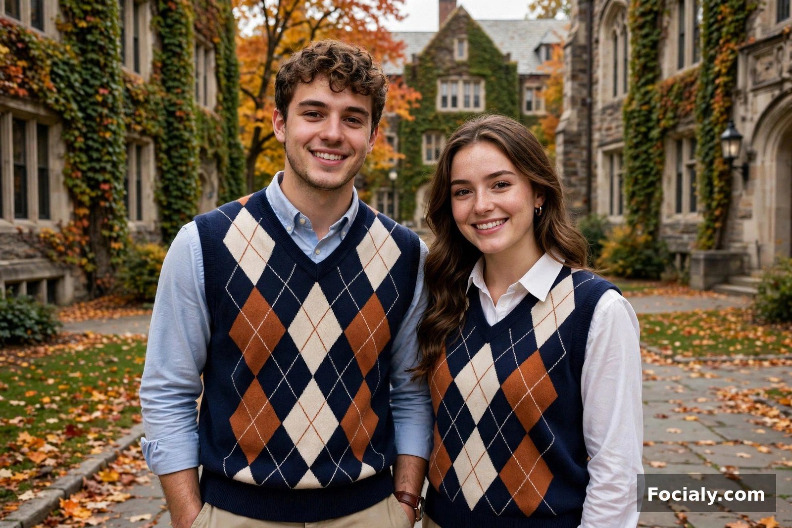 Couple wearing matching sweater vests over collared shirts on a college campus