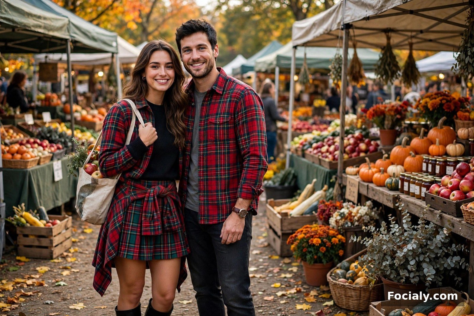 Couple with her plaid mini skirt and his flannel shirt at an outdoor fall market