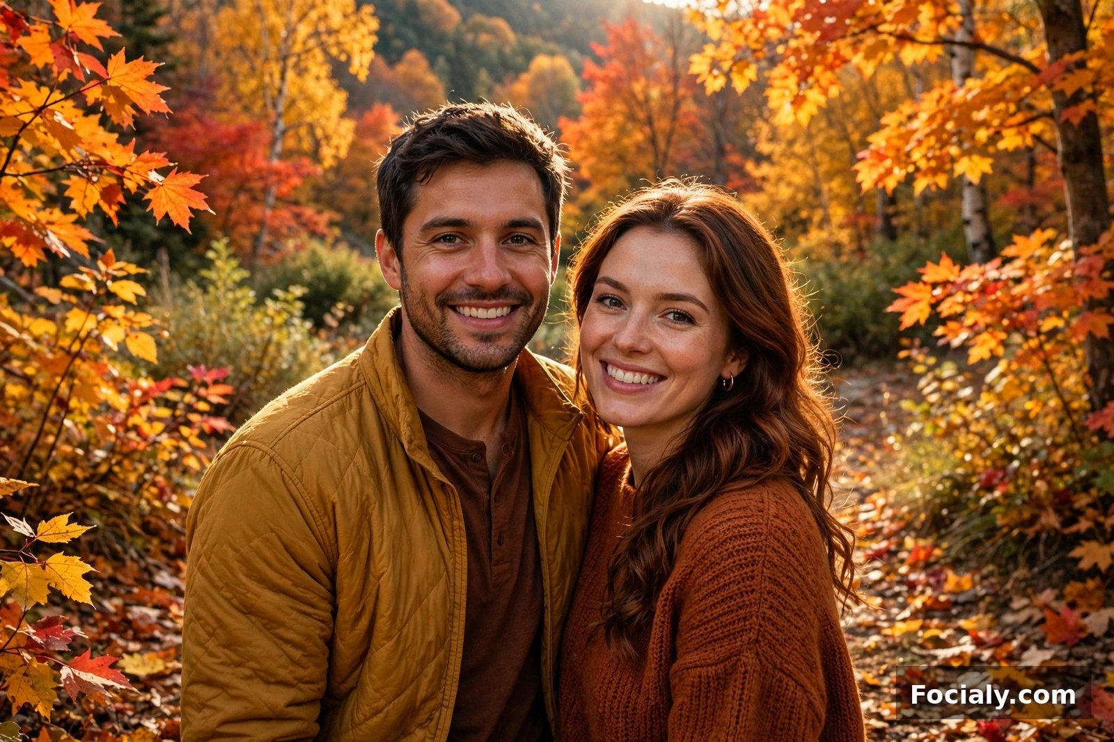Couple wearing mustard and rust toned outfits among autumn foliage
