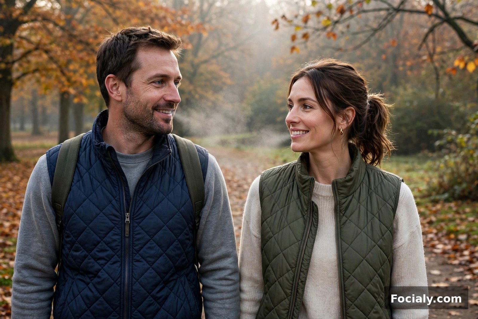 Couple wearing quilted vests in navy and olive on a crisp morning walk