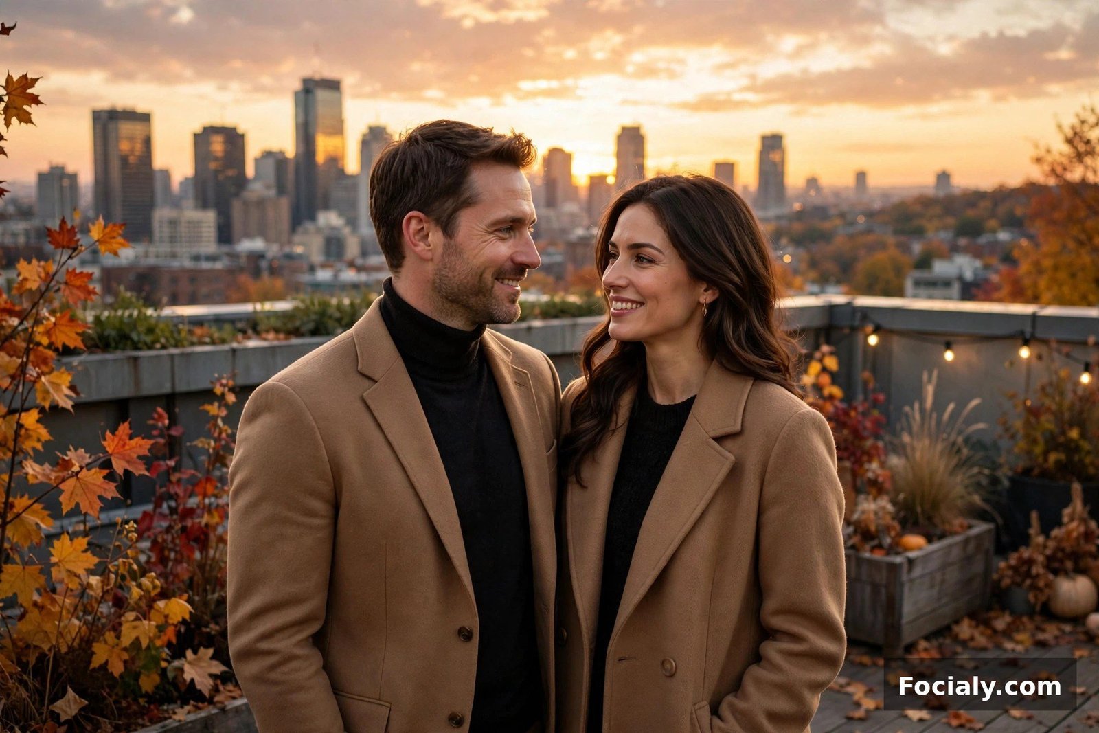 Couple with his camel blazer and her camel coat at a rooftop in fall