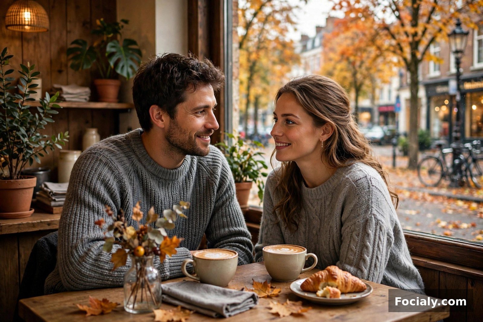 Couple wearing grey knit sweaters and jeans in a cozy coffee shop