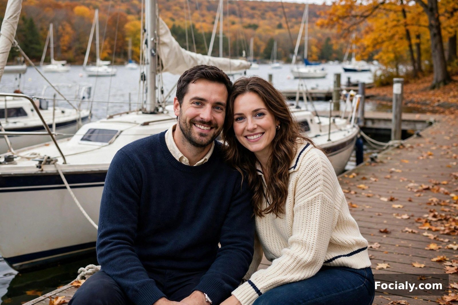 Couple wearing navy and cream outfits on a sailboat dock in autumn