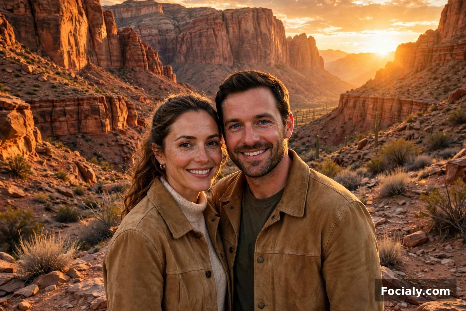 Couple wearing matching suede jackets in a desert canyon at sunset