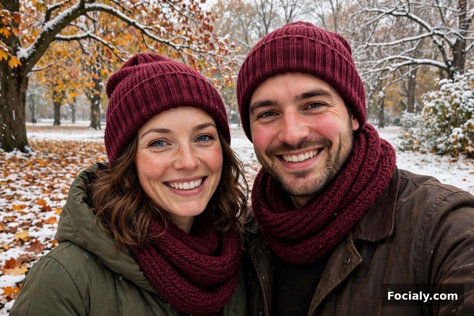Couple wearing matching knit beanies and scarves in a snowy park