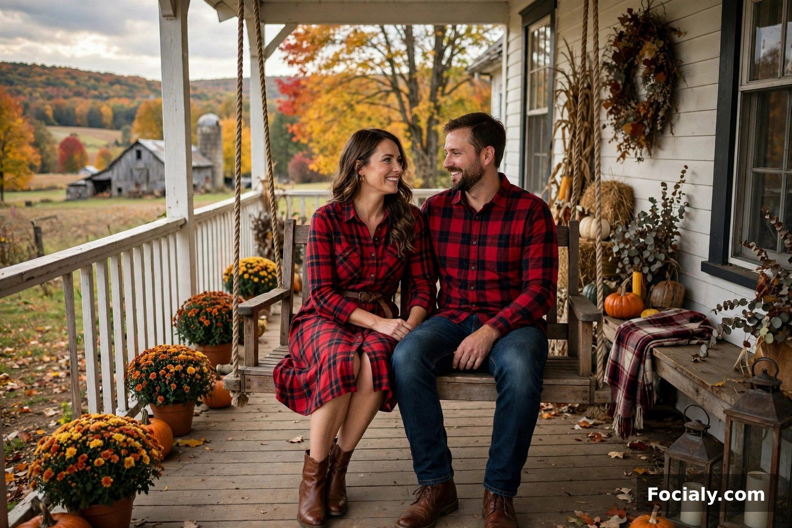 Couple with her flannel shirt dress and his flannel shirt on a porch swing
