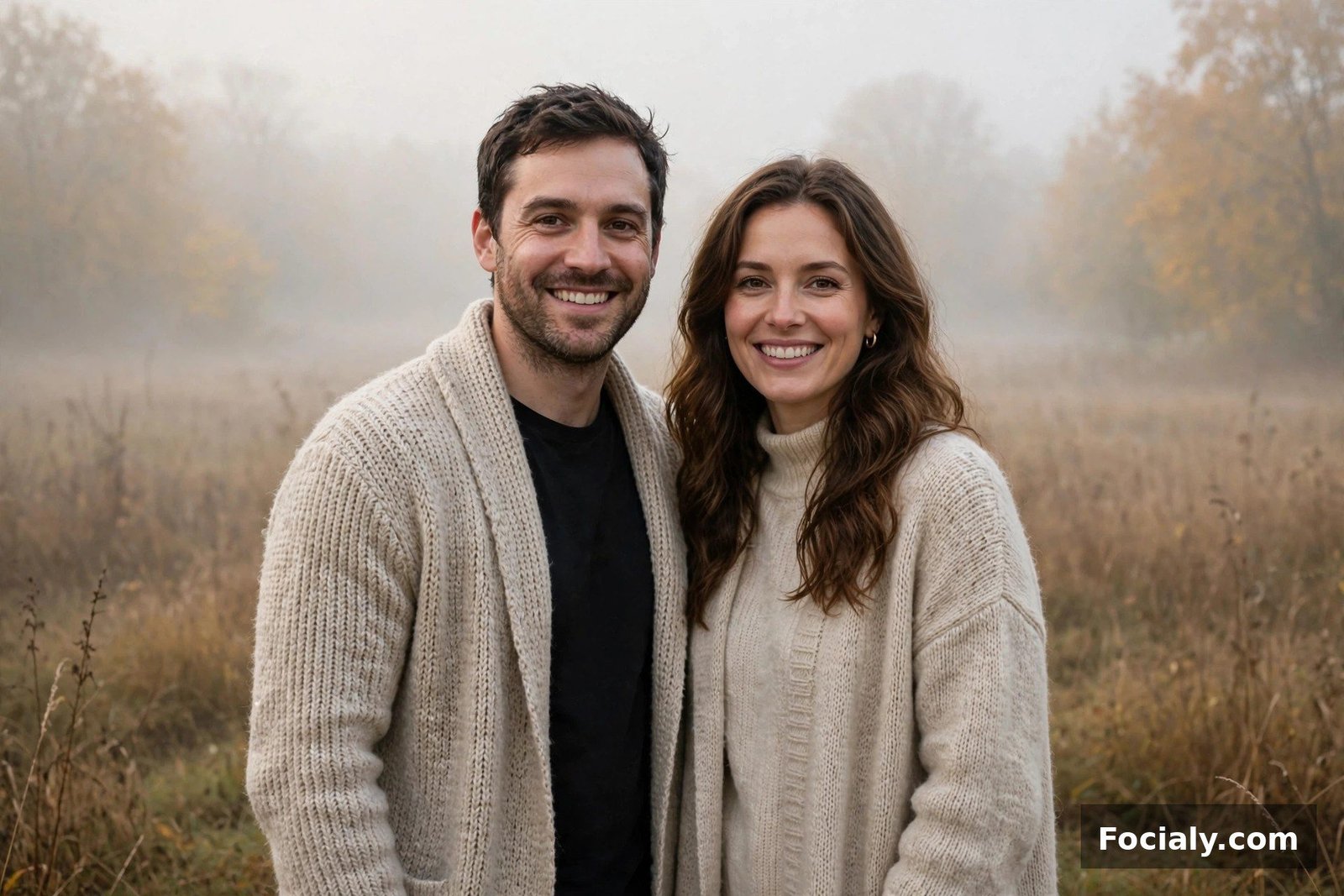 Couple wearing longline cardigans over simple outfits on a foggy morning