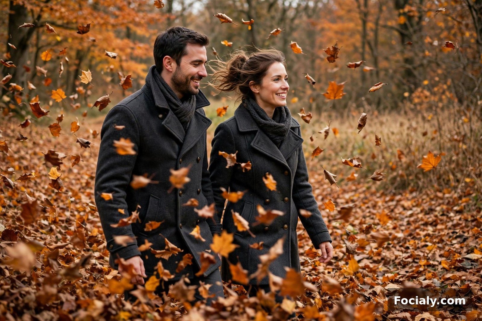 Couple wearing wool peacoats in charcoal walking through fallen leaves