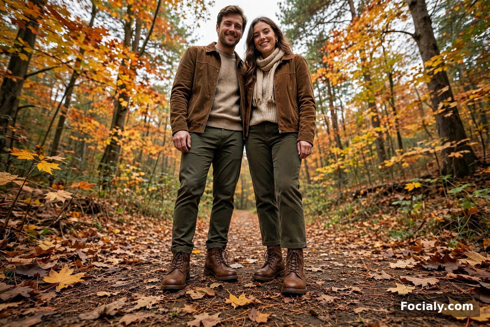 Couple wearing matching brown leather boots with coordinated fall outfits