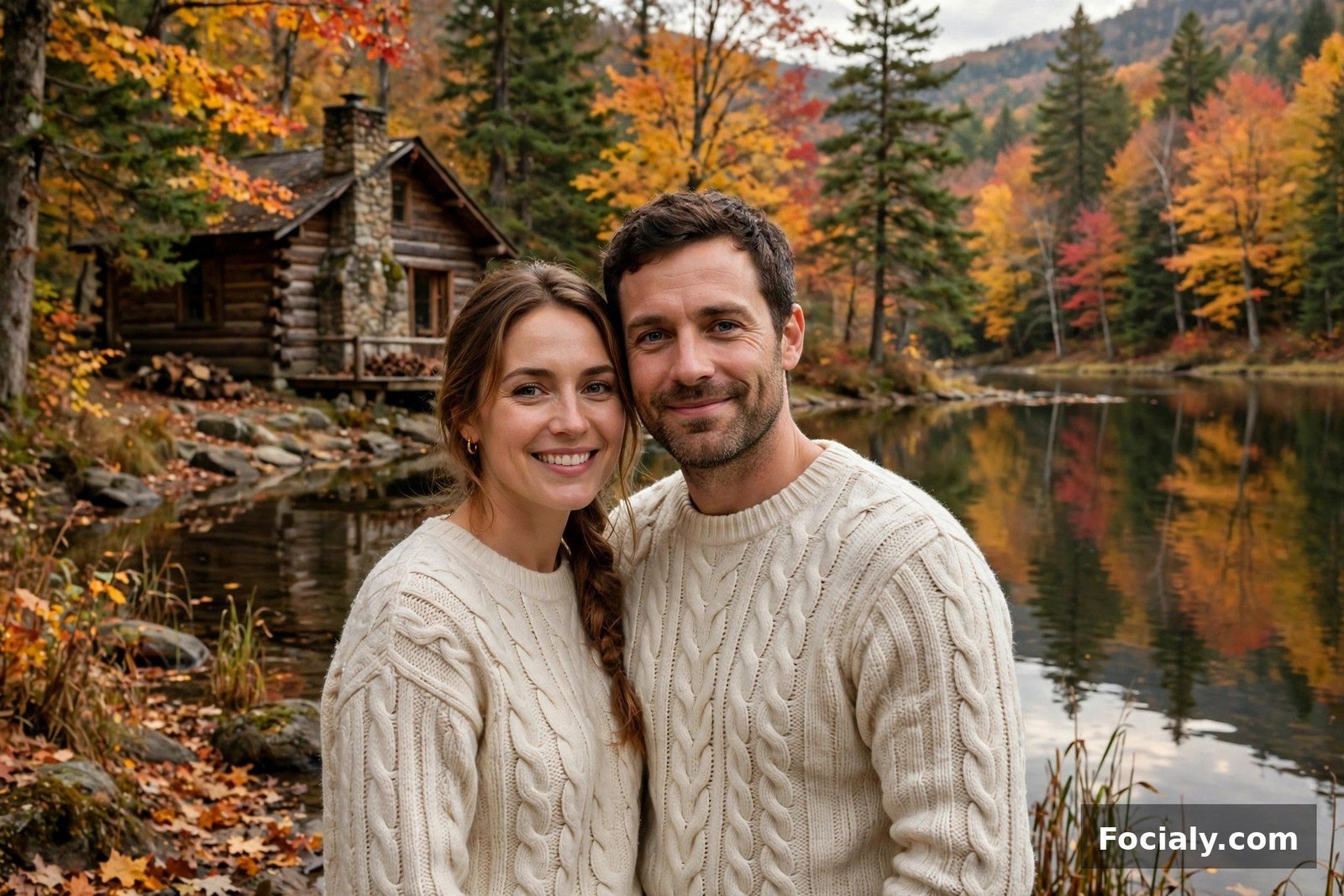 Couple wearing cable knit sweaters by a lakeside cabin in fall
