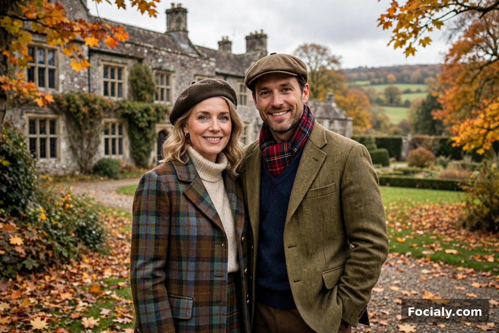 Couple wearing tartan and tweed outfits at a countryside estate