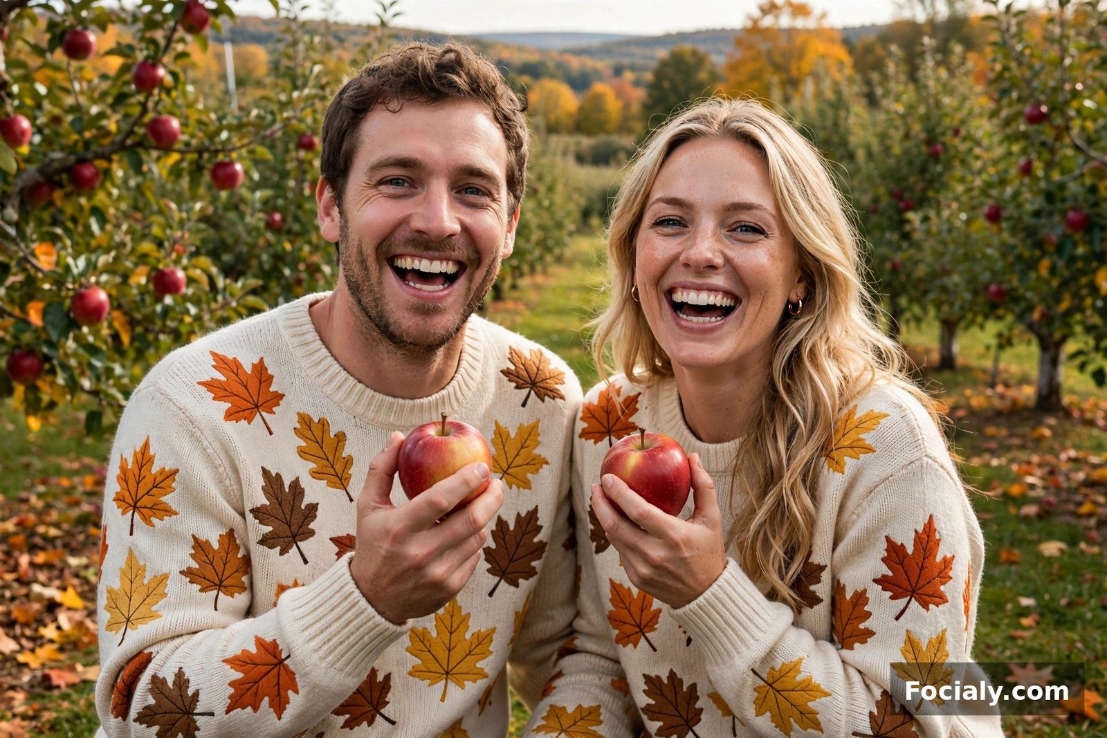 Couple wearing matching graphic knit sweaters with autumn motifs