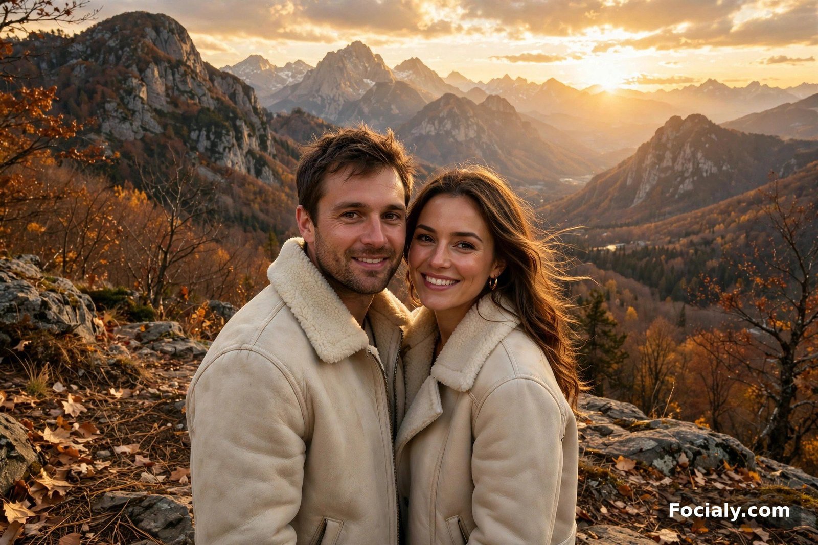 Couple wearing shearling jackets in cream on a mountain overlook