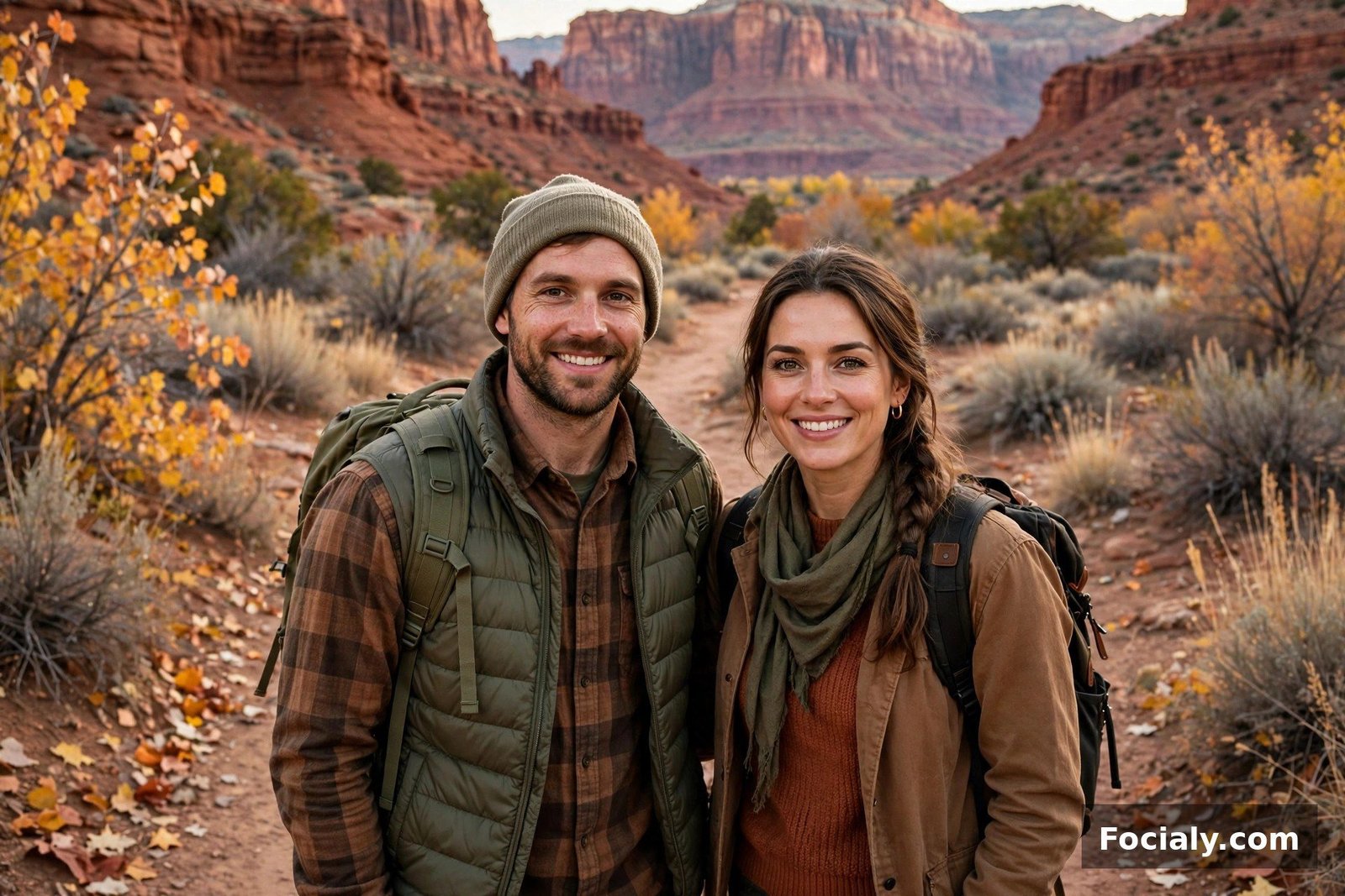 Couple wearing earth tone layered outfits on a desert trail in fall