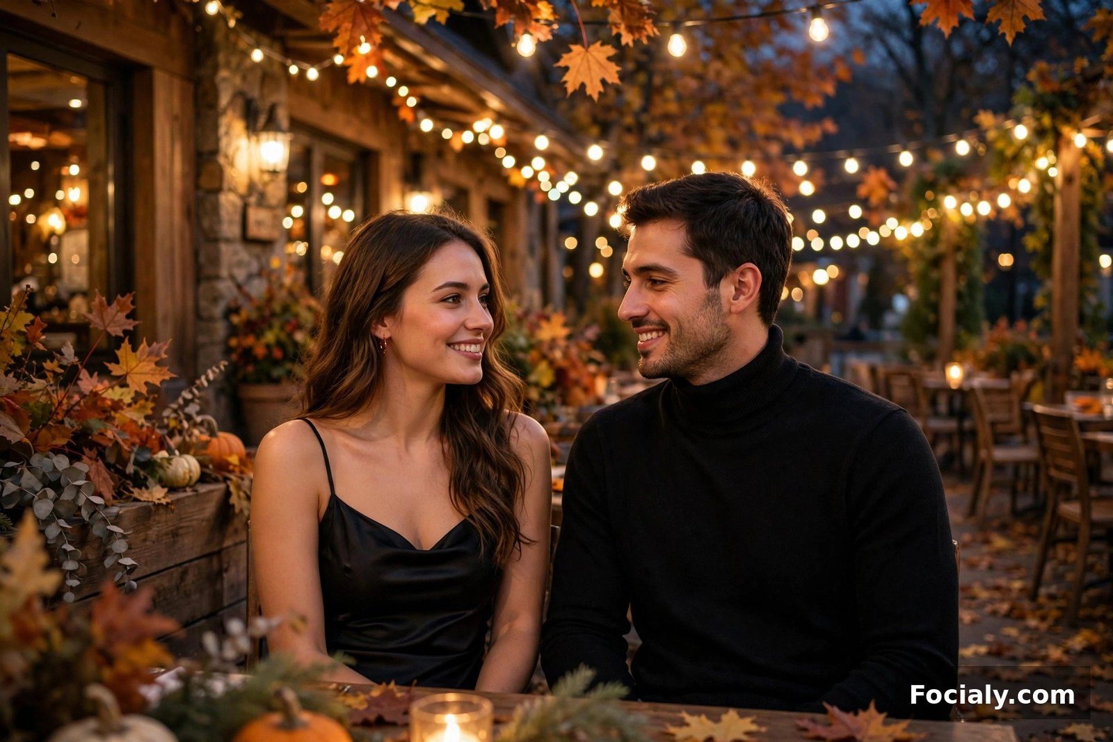 Couple on date night with her black slip dress and his black turtleneck