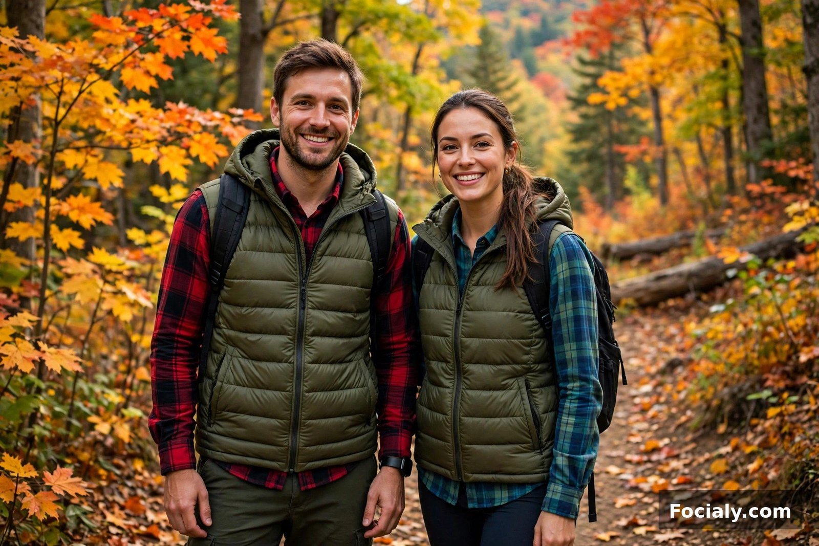 Couple wearing coordinated puffer vests in black and olive on a trail