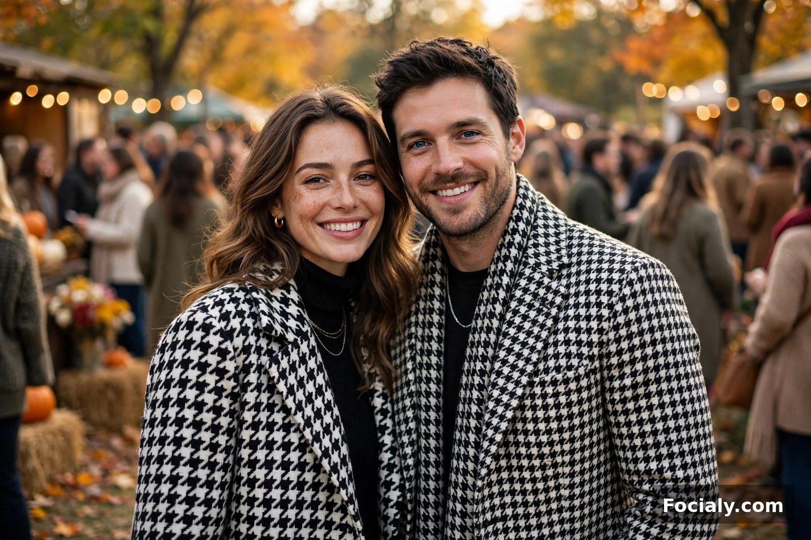 Couple wearing houndstooth patterned pieces at a fall fashion event