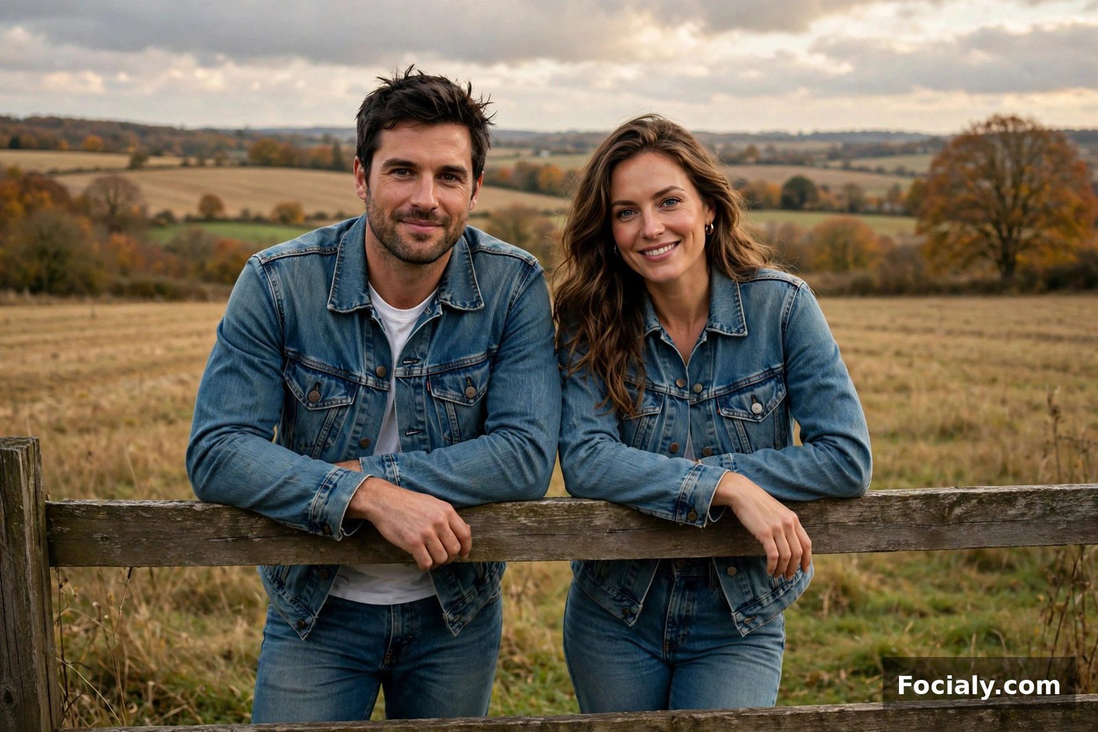 Couple wearing double denim outfits leaning on a fence in the countryside