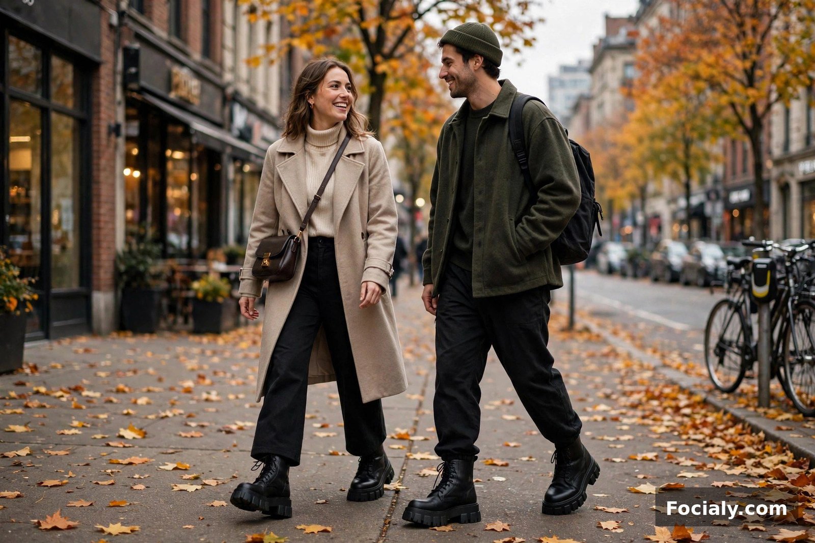 Couple wearing matching chunky boots with fall outfits on a city sidewalk