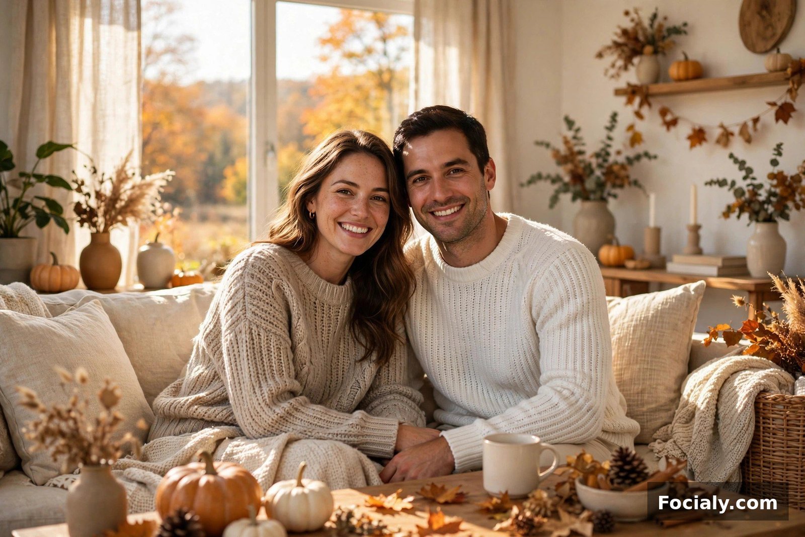 Couple wearing oatmeal and white cozy outfits in a bright living room