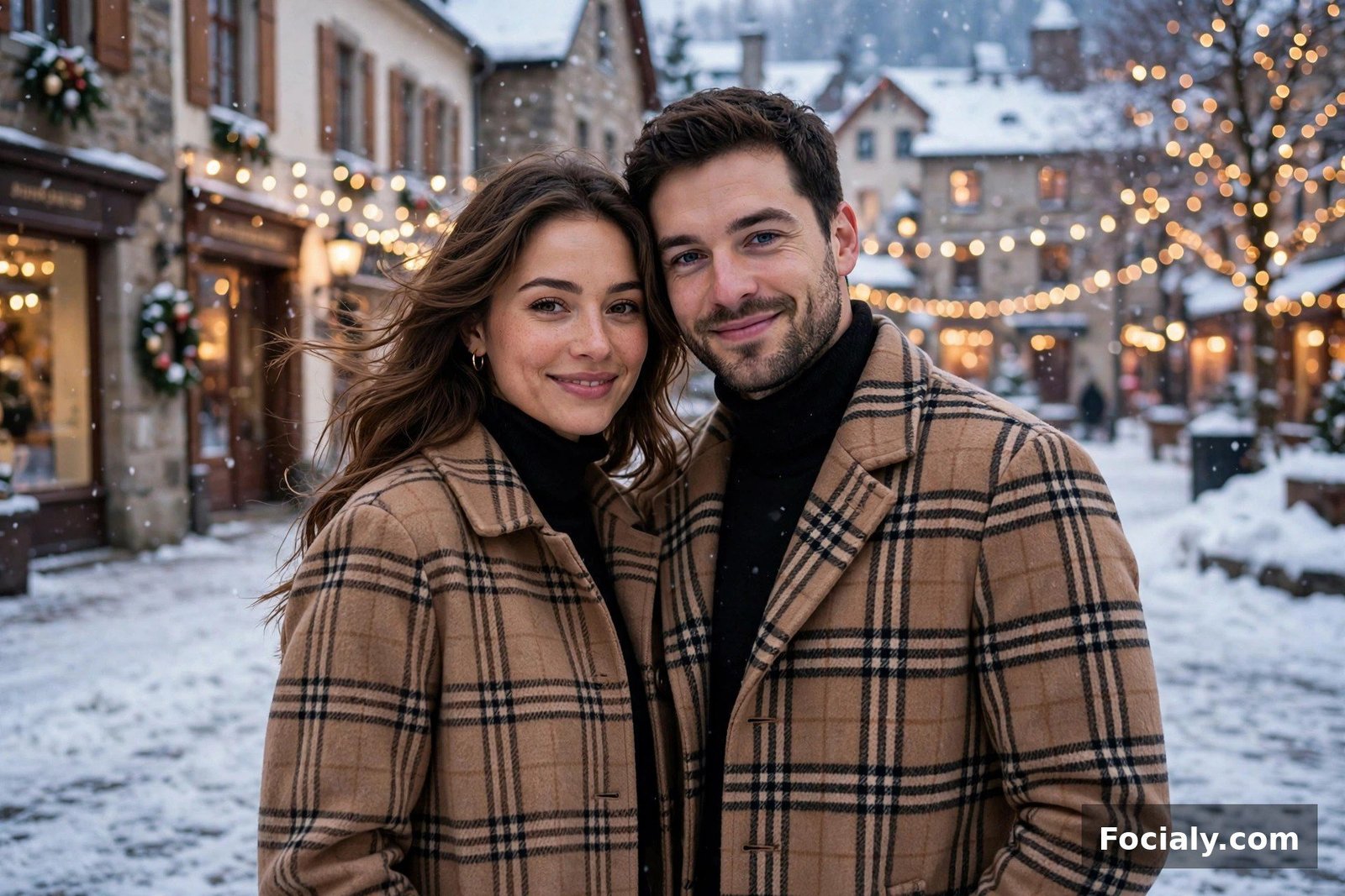 Couple wearing matching plaid coats in a snowy town square