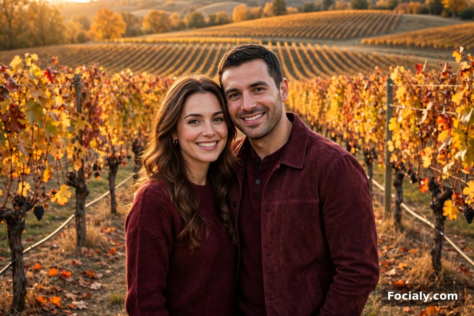 Couple wearing wine colored outfits at a vineyard in autumn