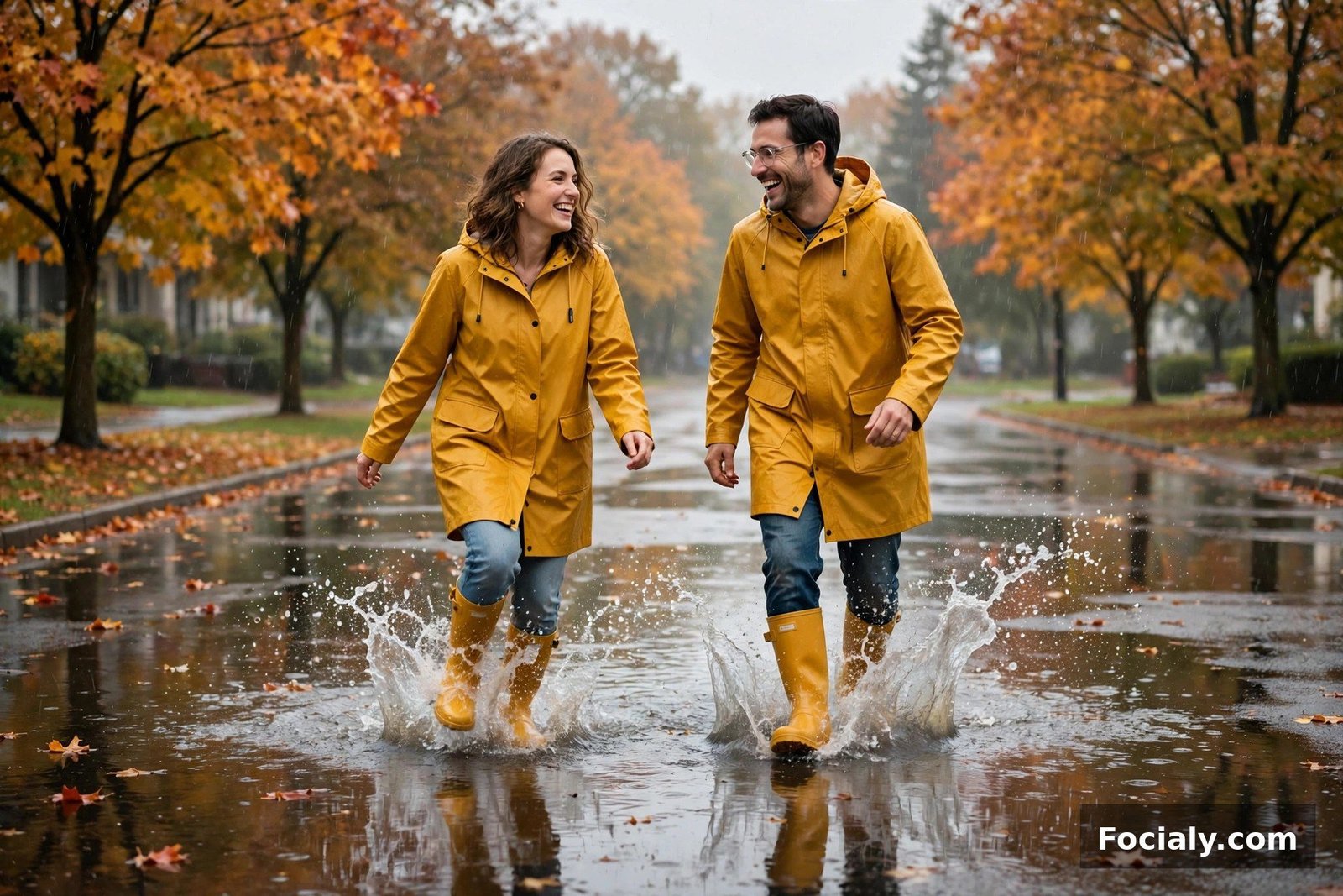 Couple wearing matching raincoats and rain boots splashing in puddles