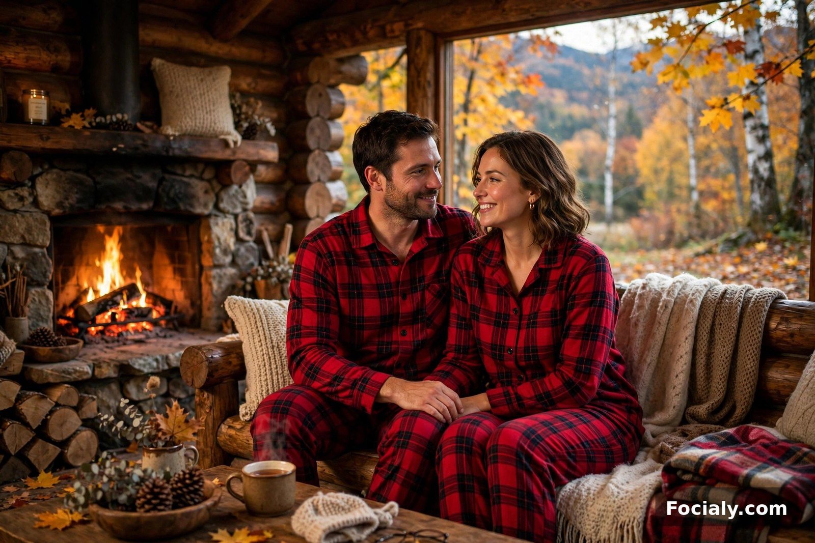 Couple wearing cozy flannel pajama-style sets by a cabin fireplace