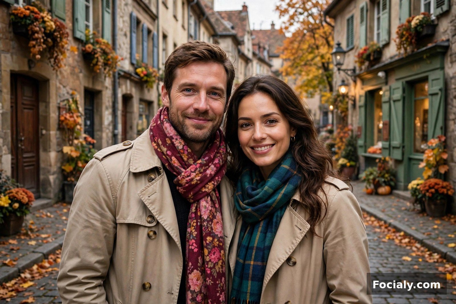 Couple wearing neutral trench coats with swapped colorful scarves