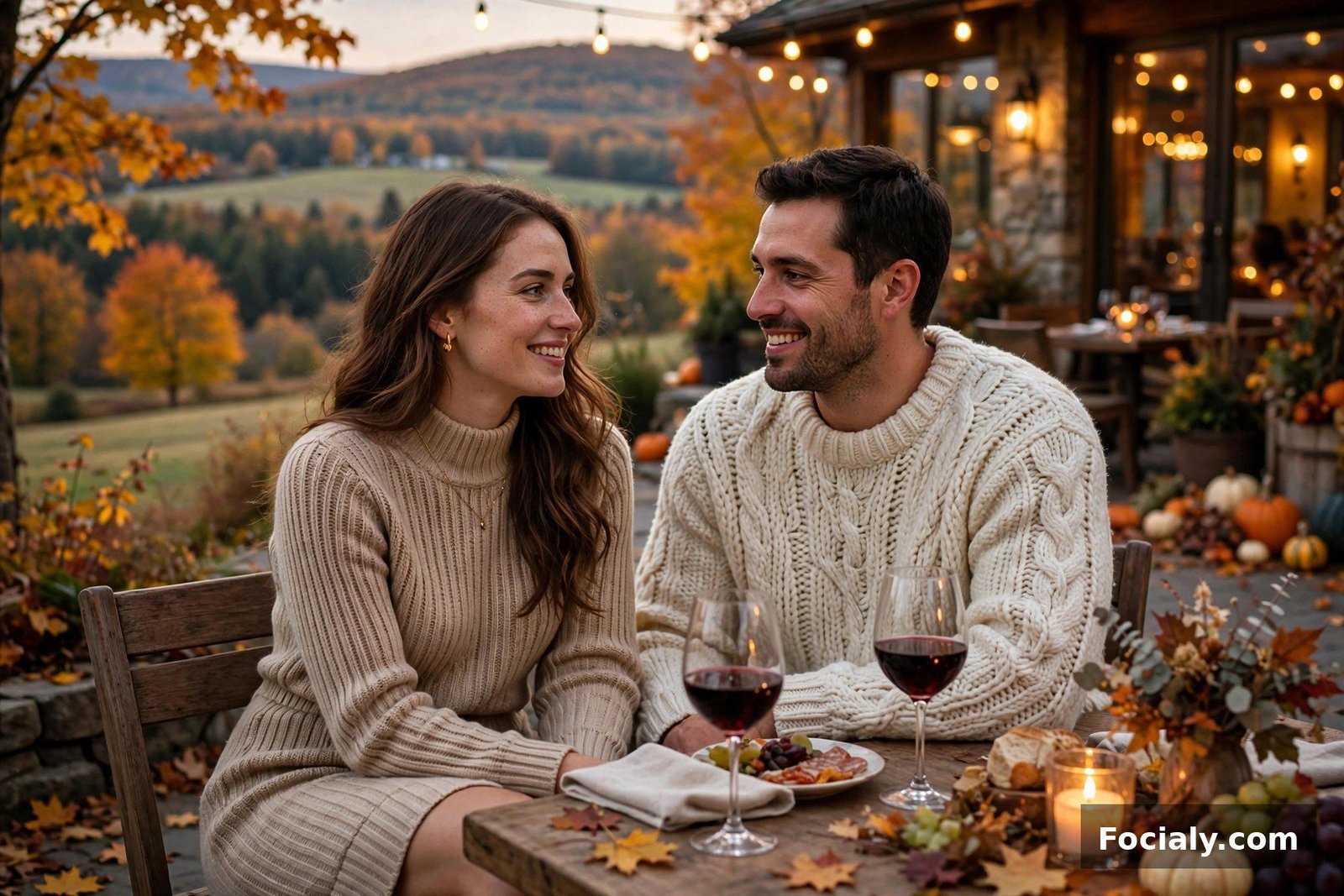 Couple on evening date with her sweater dress and his knit sweater