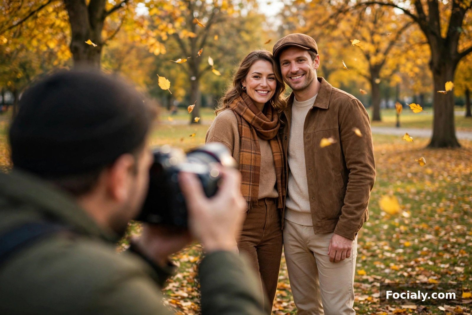 Couple wearing fully coordinated outfits posing for a fall photoshoot in a park