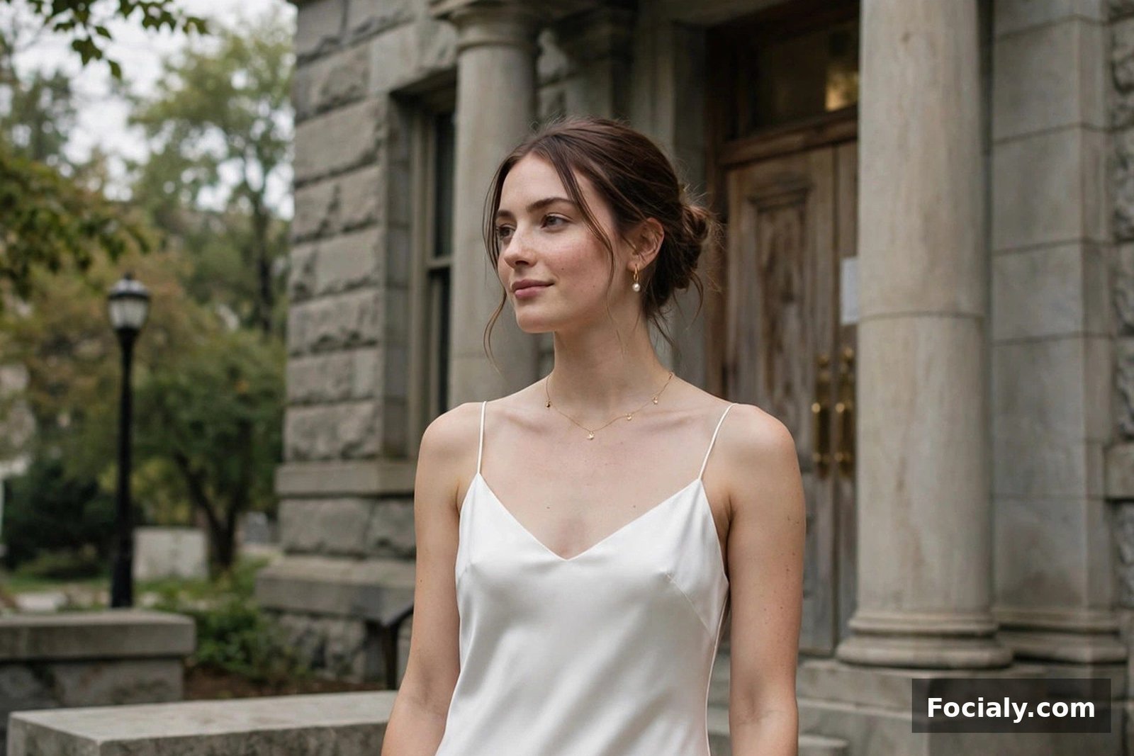 Bride in a white silk slip dress with thin straps standing outside a courthouse