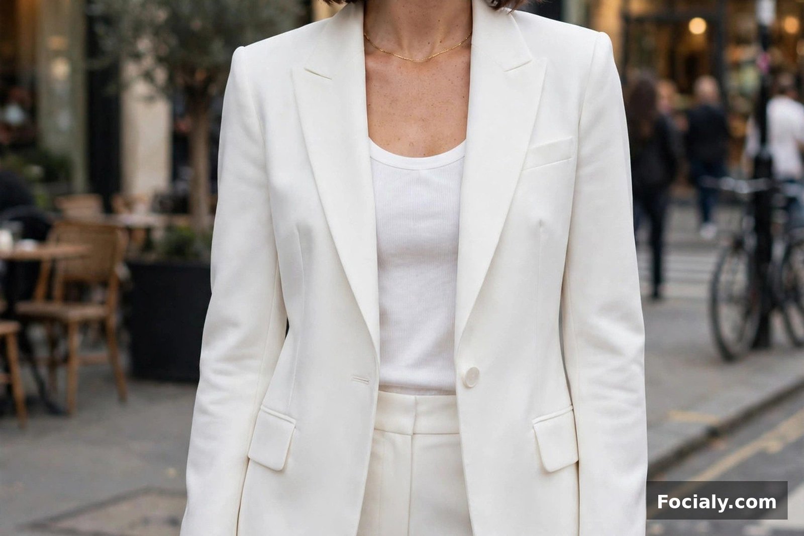 Woman in a tailored white blazer and trousers holding a bouquet