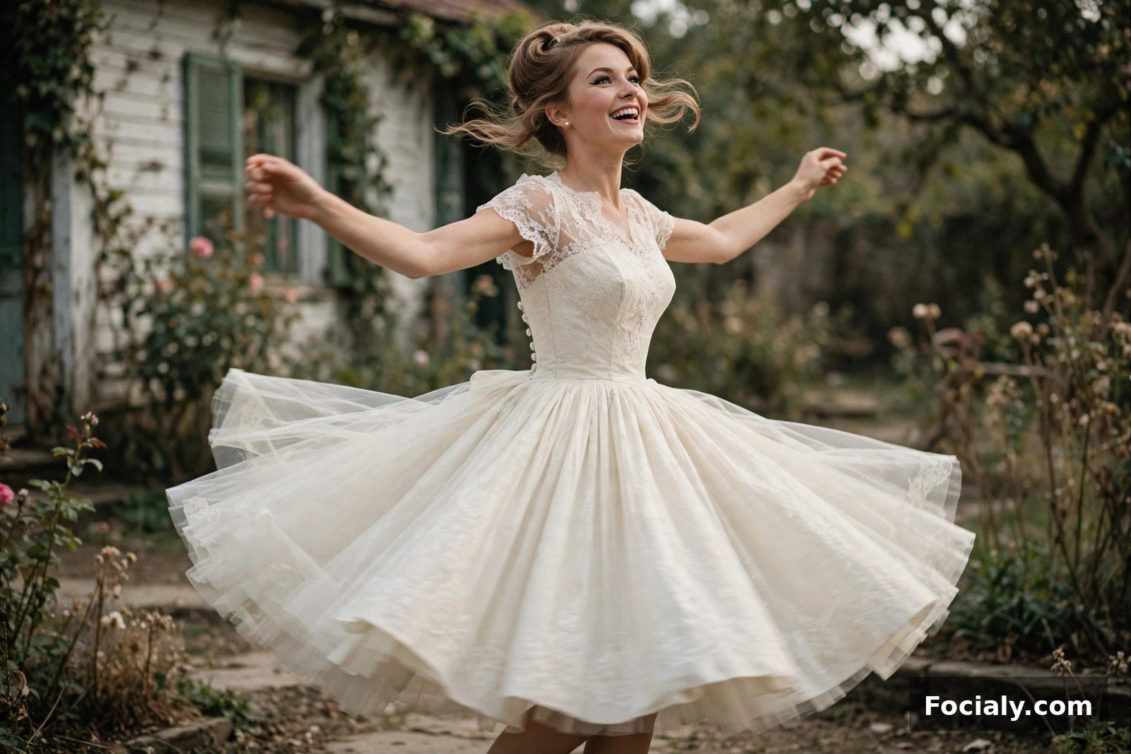 Woman in a tea-length ivory wedding dress with a full skirt twirling