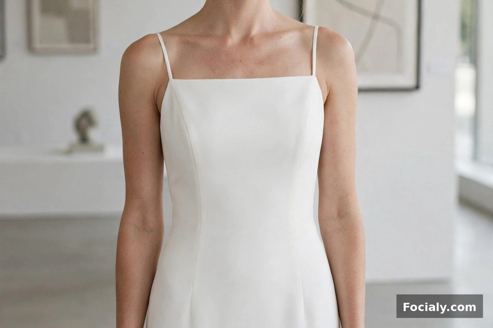 Bride in a minimalist white sheath dress with clean lines