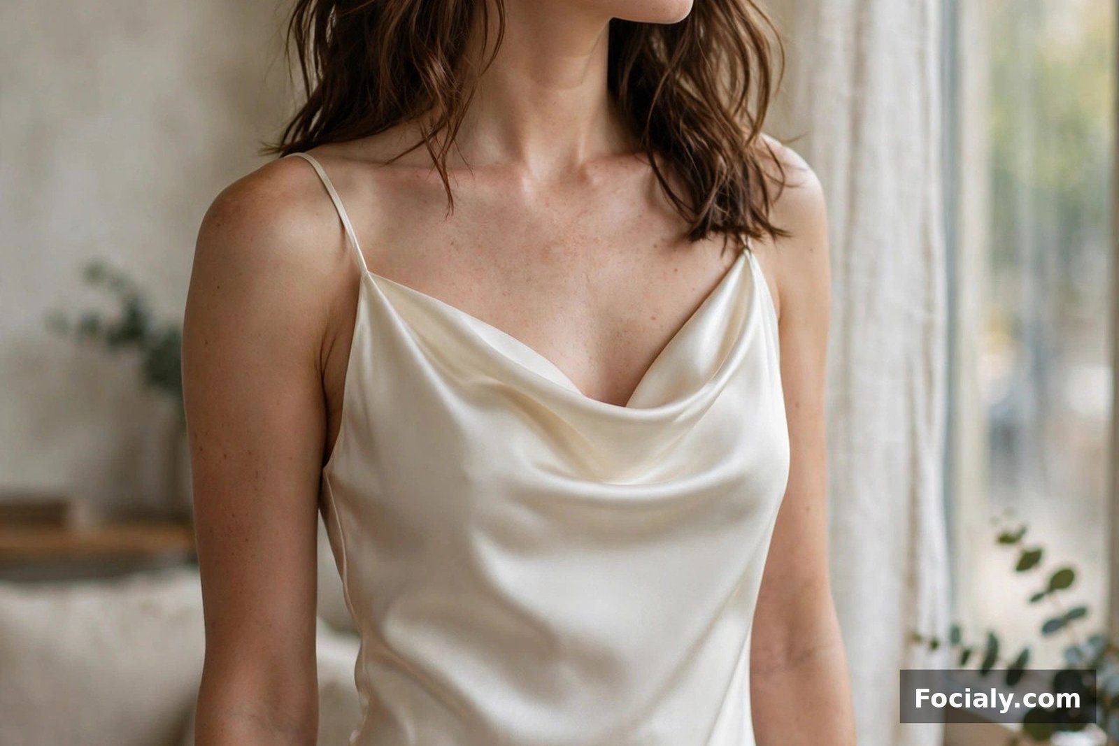 Woman in an ivory satin midi dress with cowl neckline