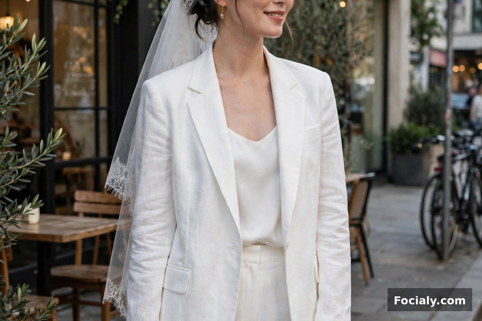 Bride in a crisp white pantsuit with a relaxed blazer