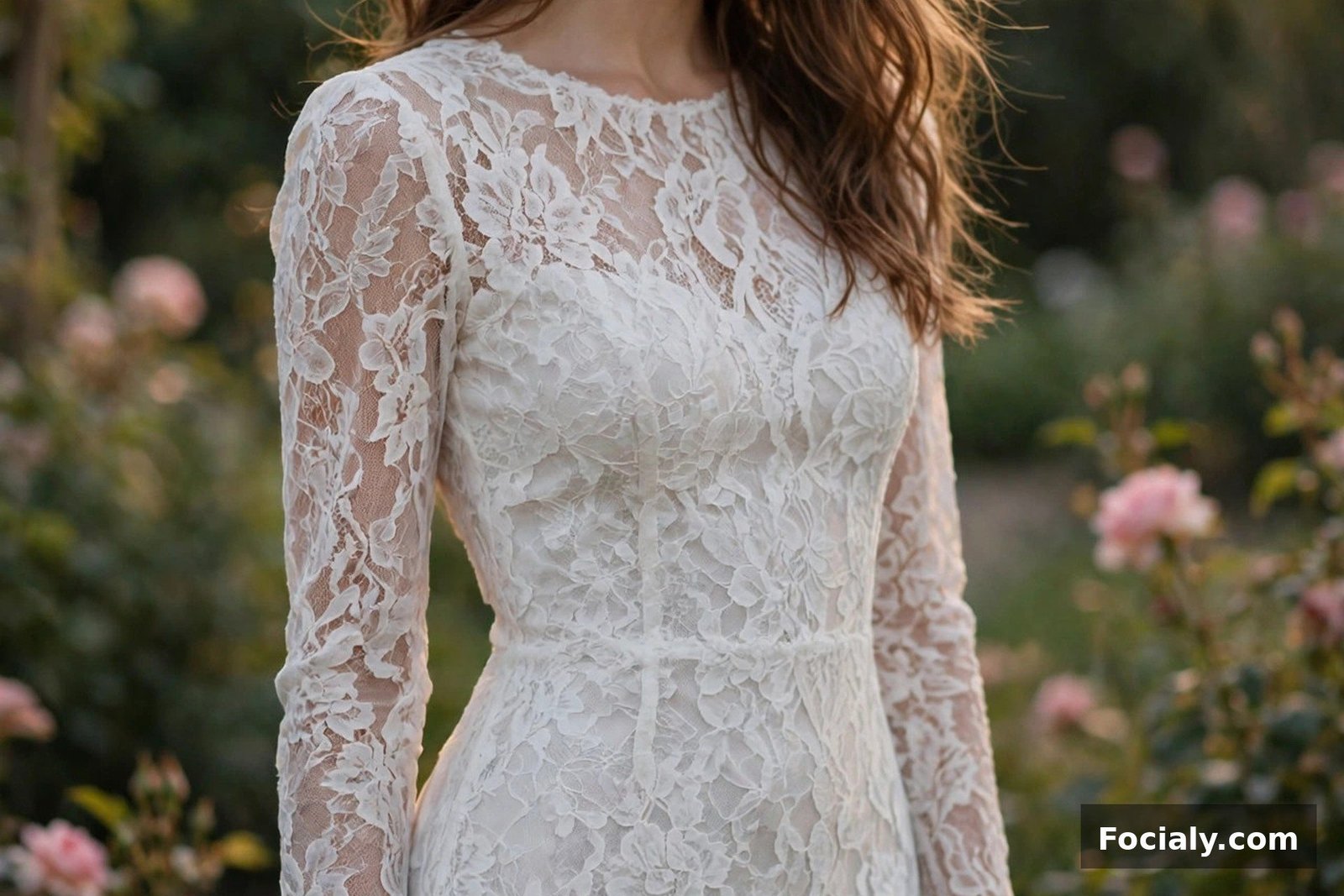 Woman in a white lace mini dress with long sleeves