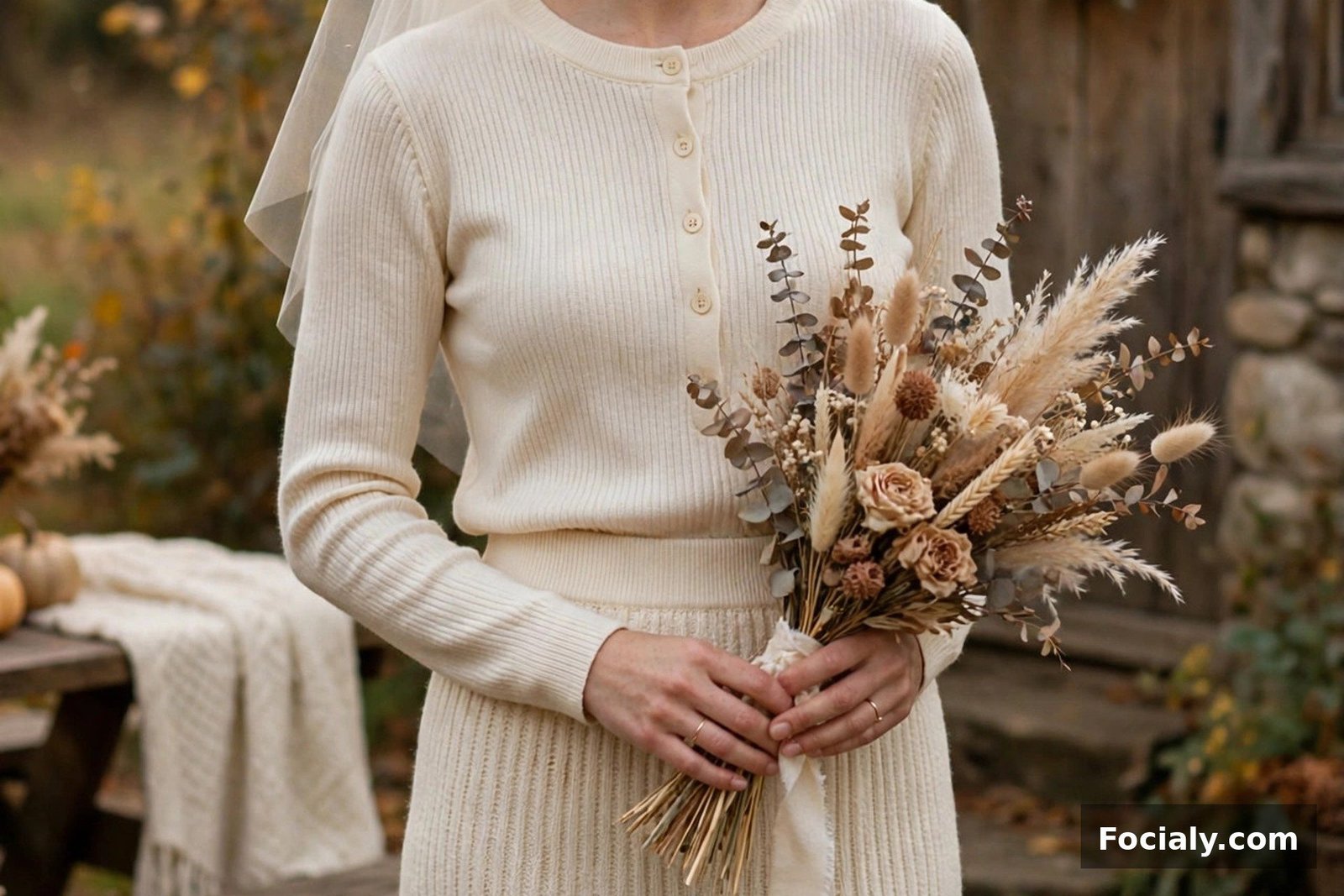 Bride in a cream knit top and skirt co-ord set