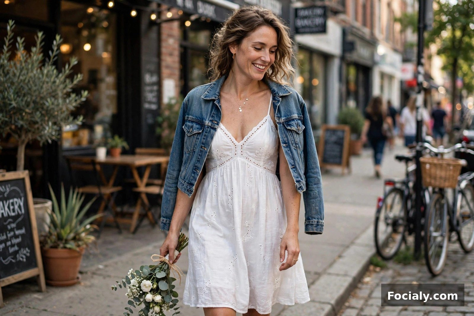 Bride in a white sundress with a cropped denim jacket