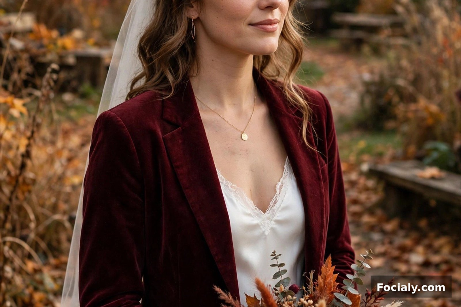 Bride in a burgundy velvet blazer over a white slip dress