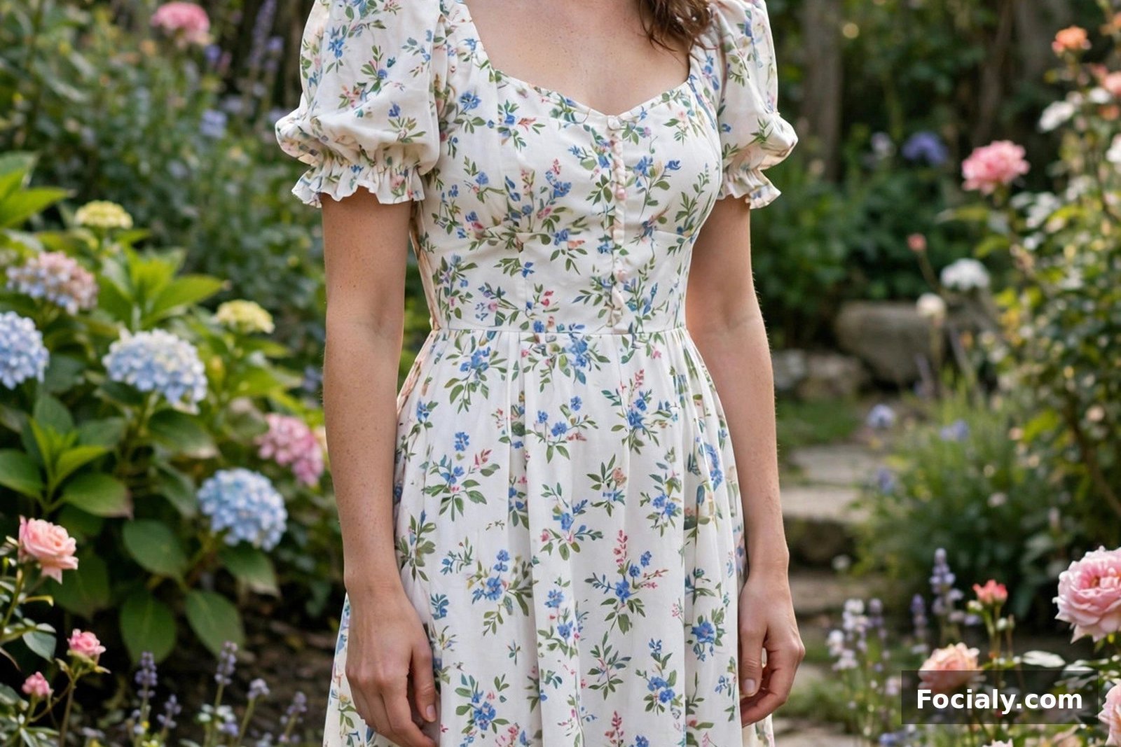 Woman in a white floral midi dress with puff sleeves