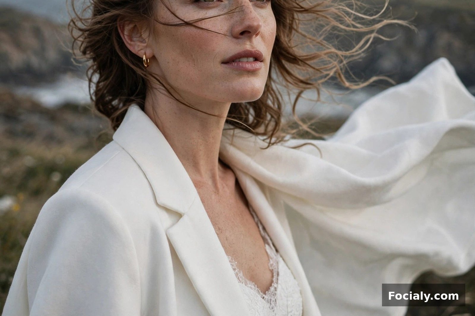 Bride in a white cape blazer draped over her shoulders