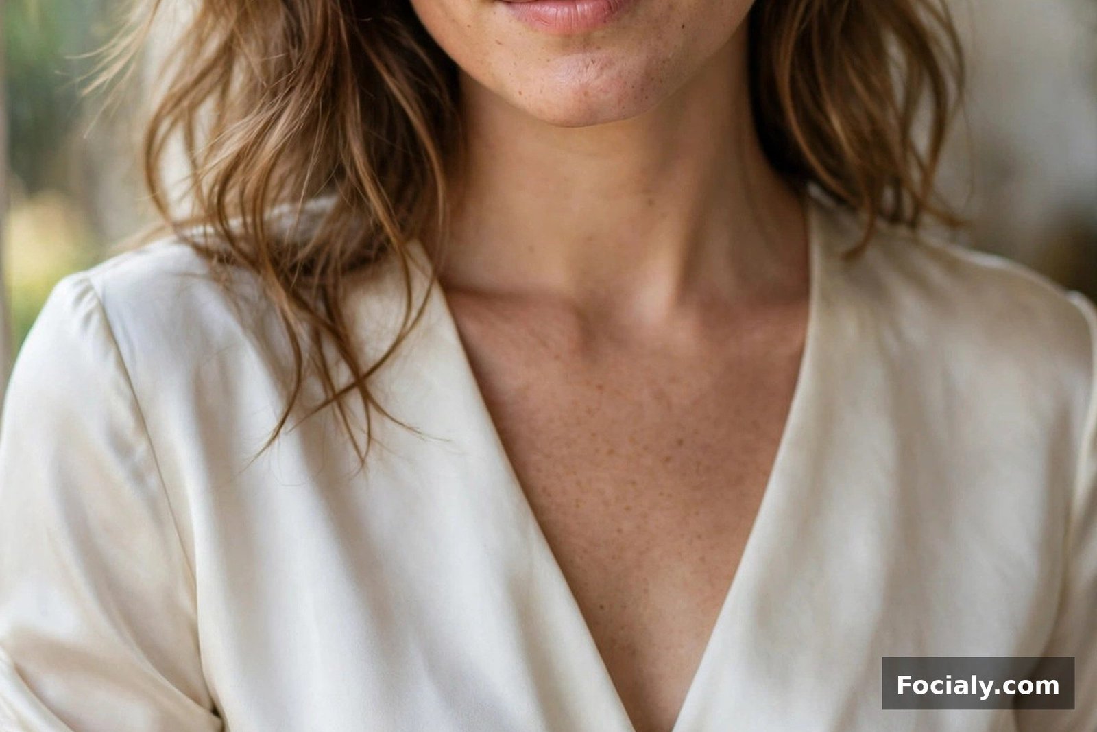 Woman in an ivory silk wrap dress with a V-neckline