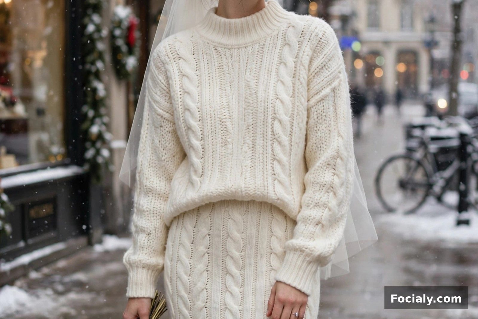 Bride in an ivory knit sweater and matching midi skirt