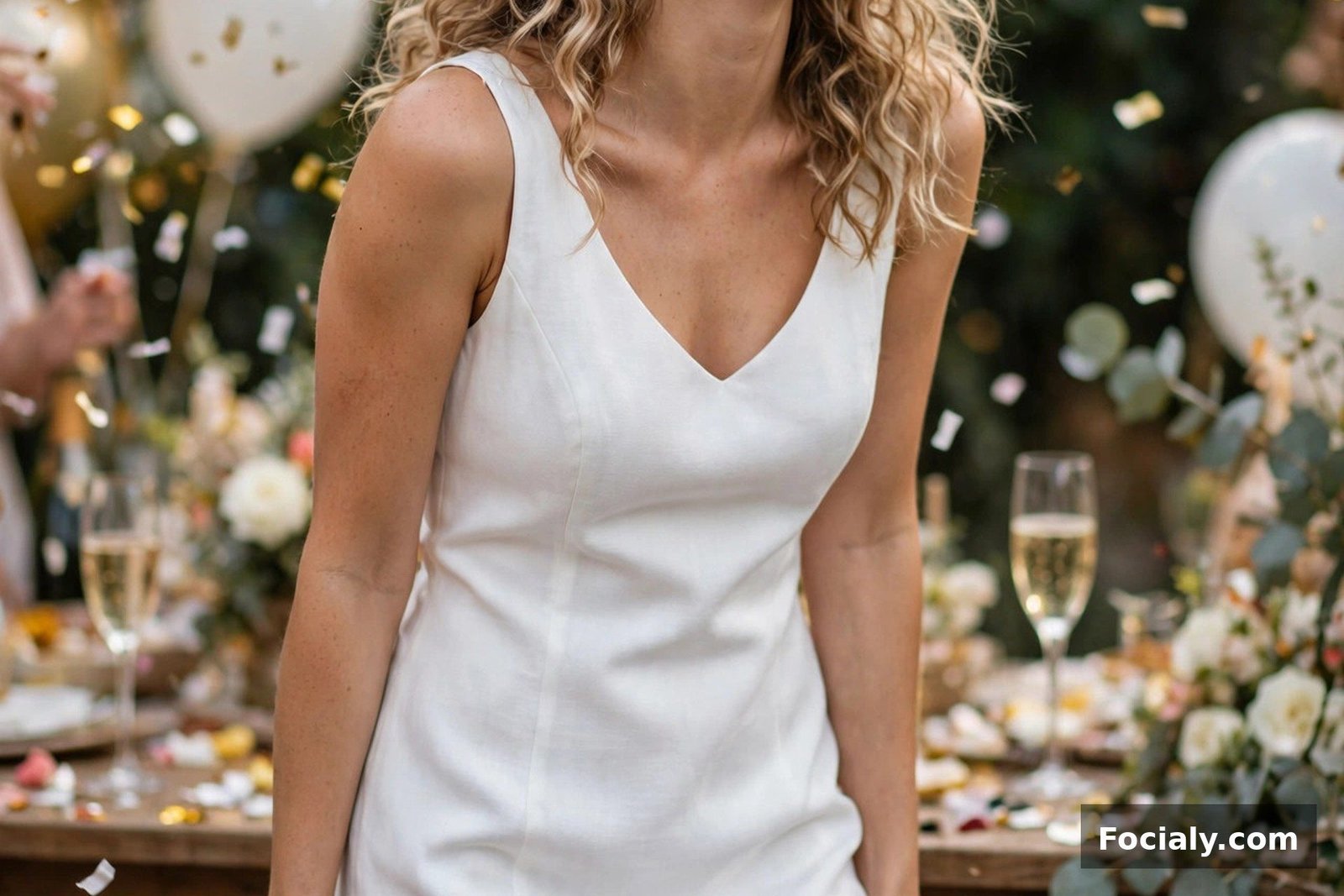 Woman in a white mini dress with feather trim at the hem