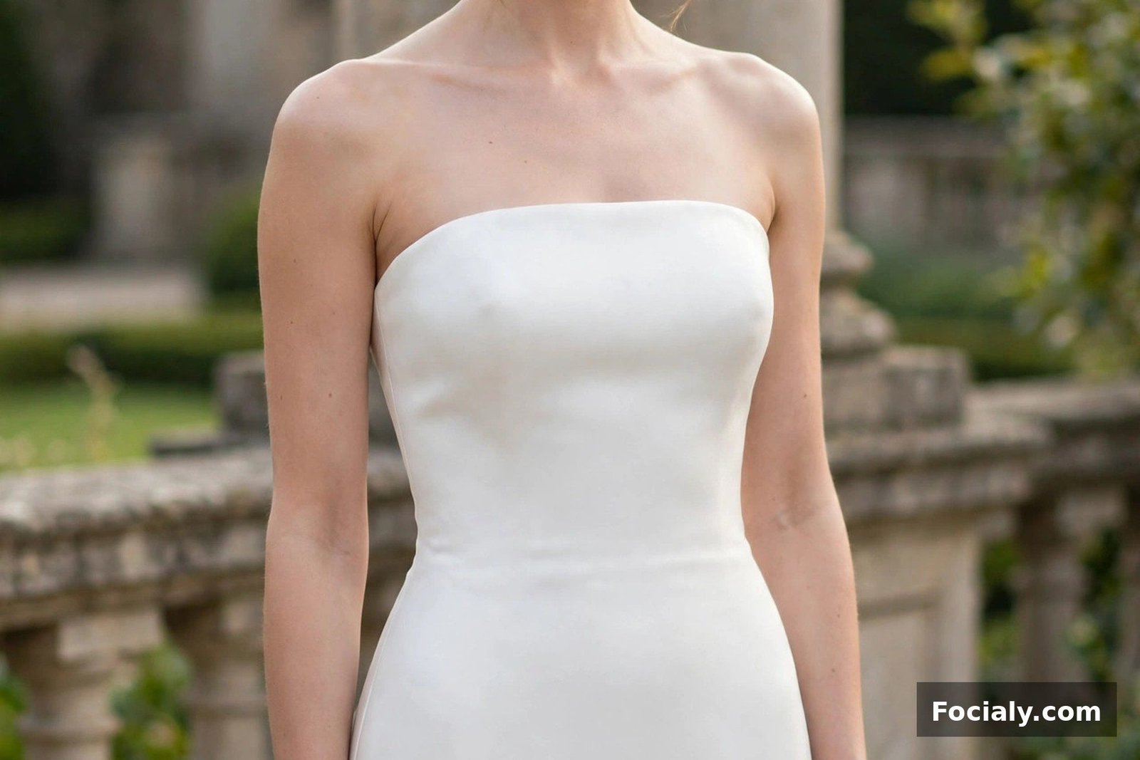 Bride in a strapless white column dress with a straight neckline