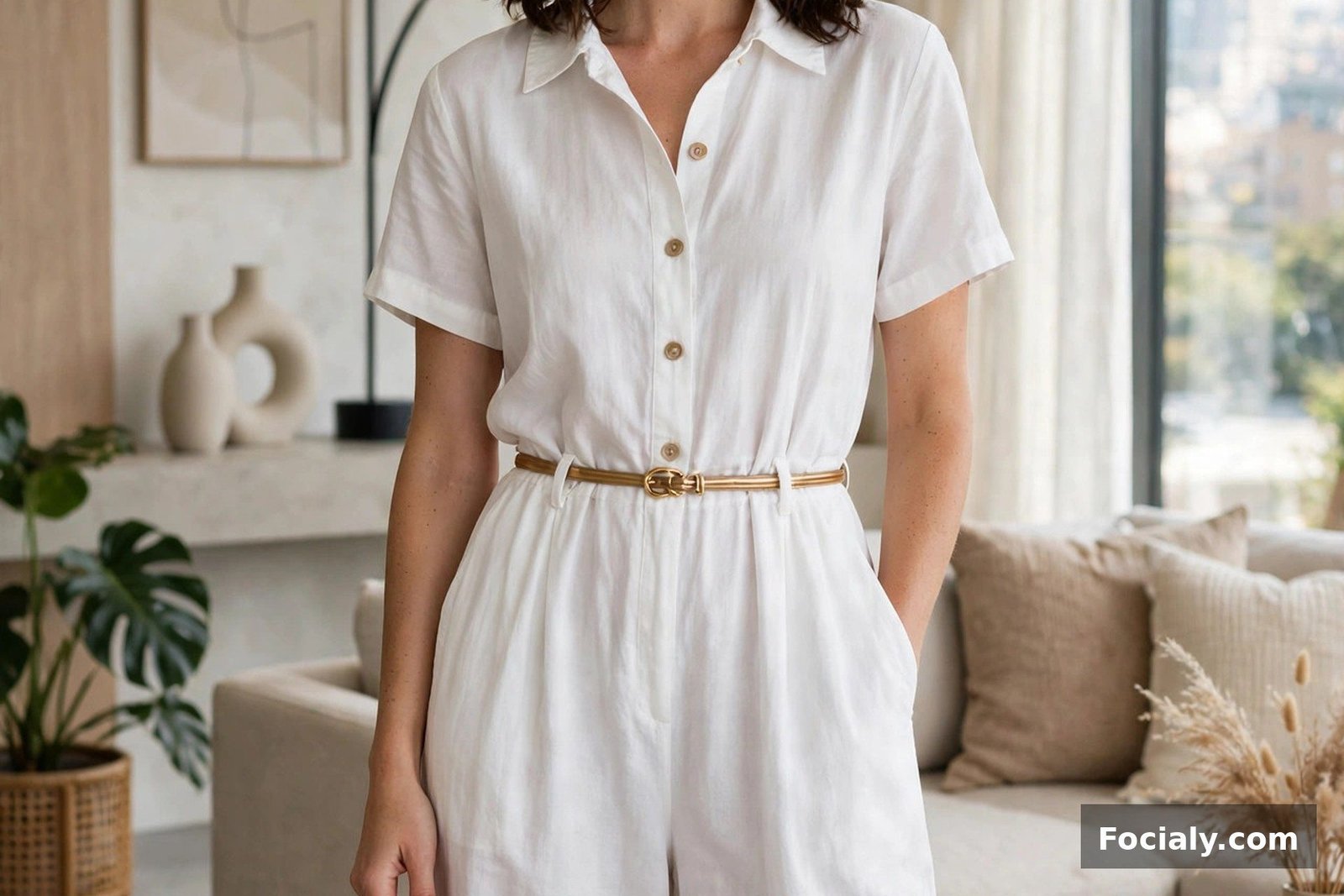 Woman in a white wide-leg jumpsuit cinched with a gold belt