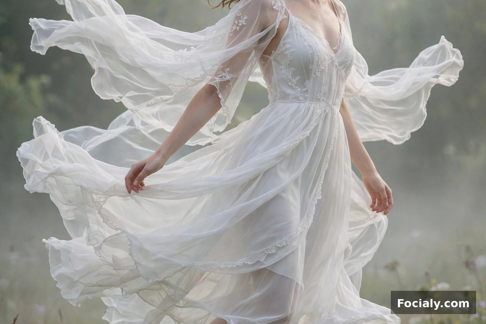 Woman in a white chiffon overlay midi dress floating in the breeze